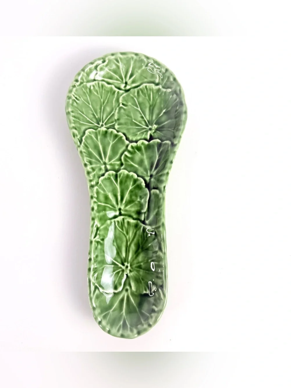 Vintage Ceramic Spoon Rest Olfaire Green Glazed Majolica Leaf Portugal Made